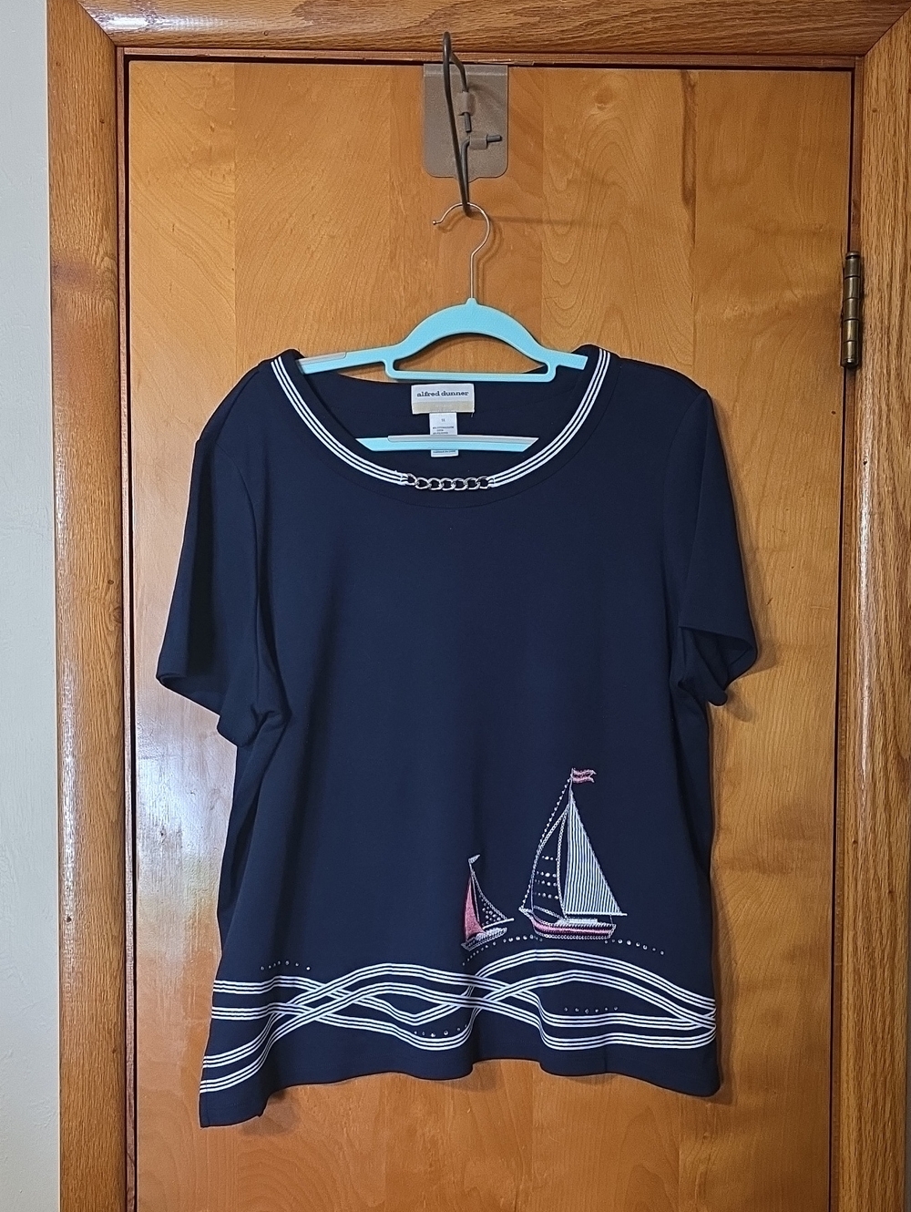 Alfred Dunner Navy Short Sleeve Sailboat Tee with Pink Accent